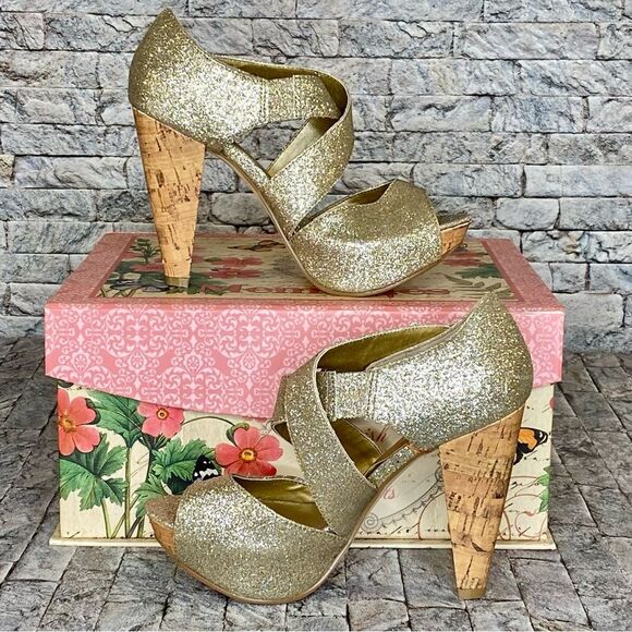 Kaya Gold Glitter Platform Heels Size 6 Style Blaire Open Toe - Picture 2 of 11